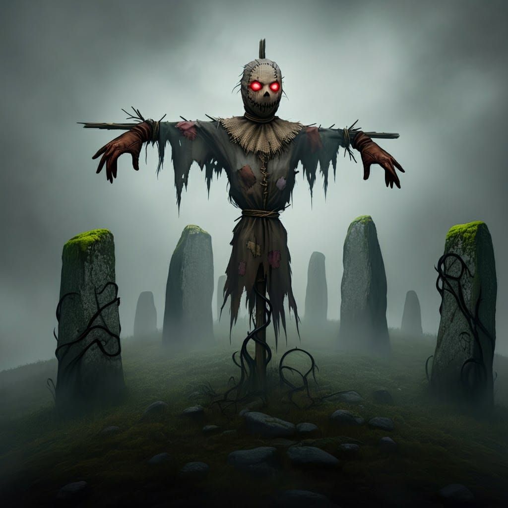 Eerie Scarecrow on Misty Hill with Glowing Eyes