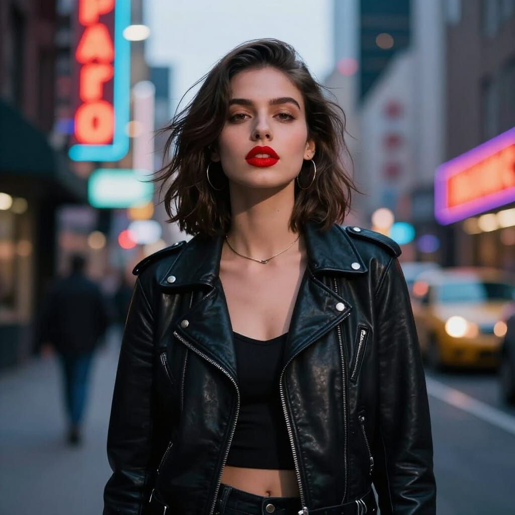 Confident Woman in Urban Street at Dusk