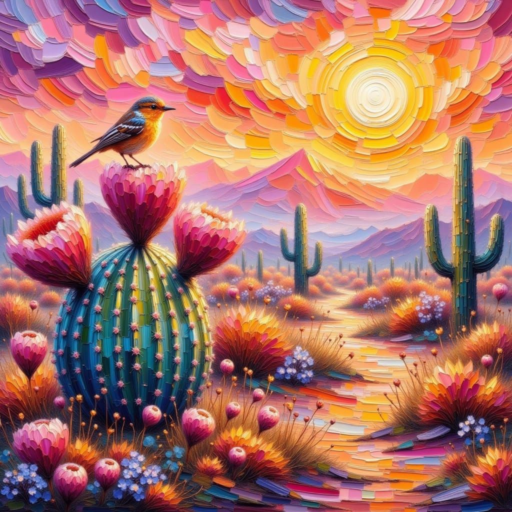 Impasto Painting of Vibrant Blooming Cactus with Golden Bird