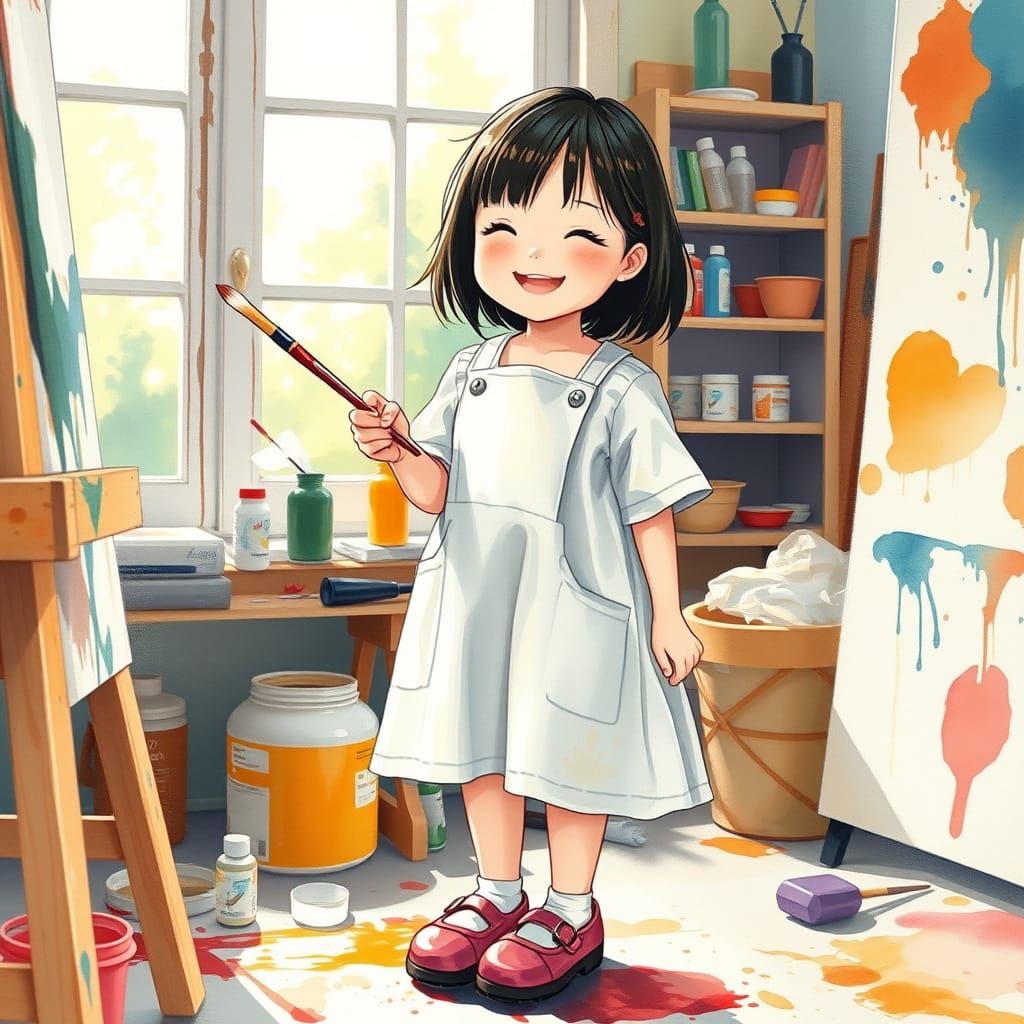Joyful Kawaii Artist in Vibrant Gouache Masterpiece