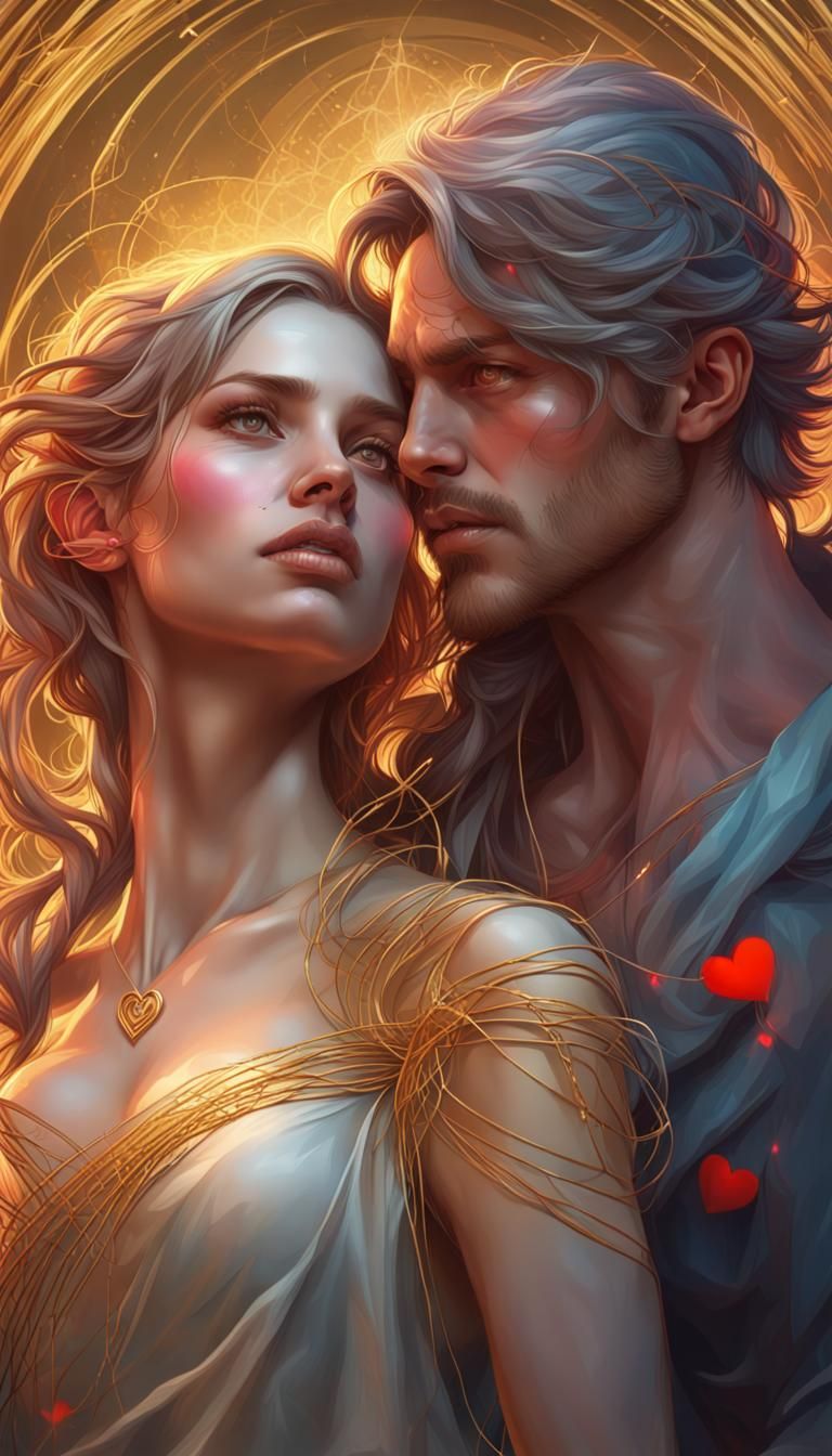 Golden Thread Hearts: Hyperdetailed Splash Art Portrait