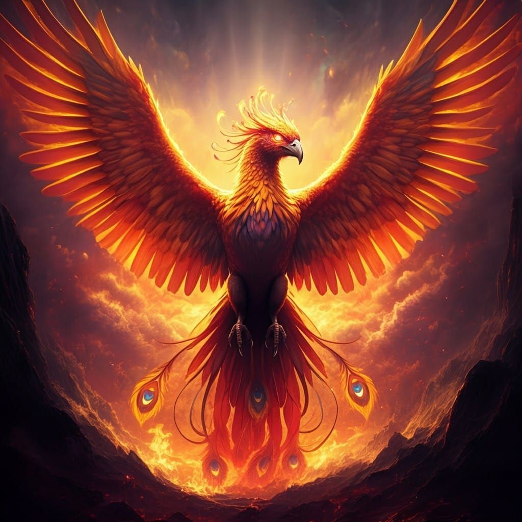 Phoenix Rising from Flames in Surreal Style