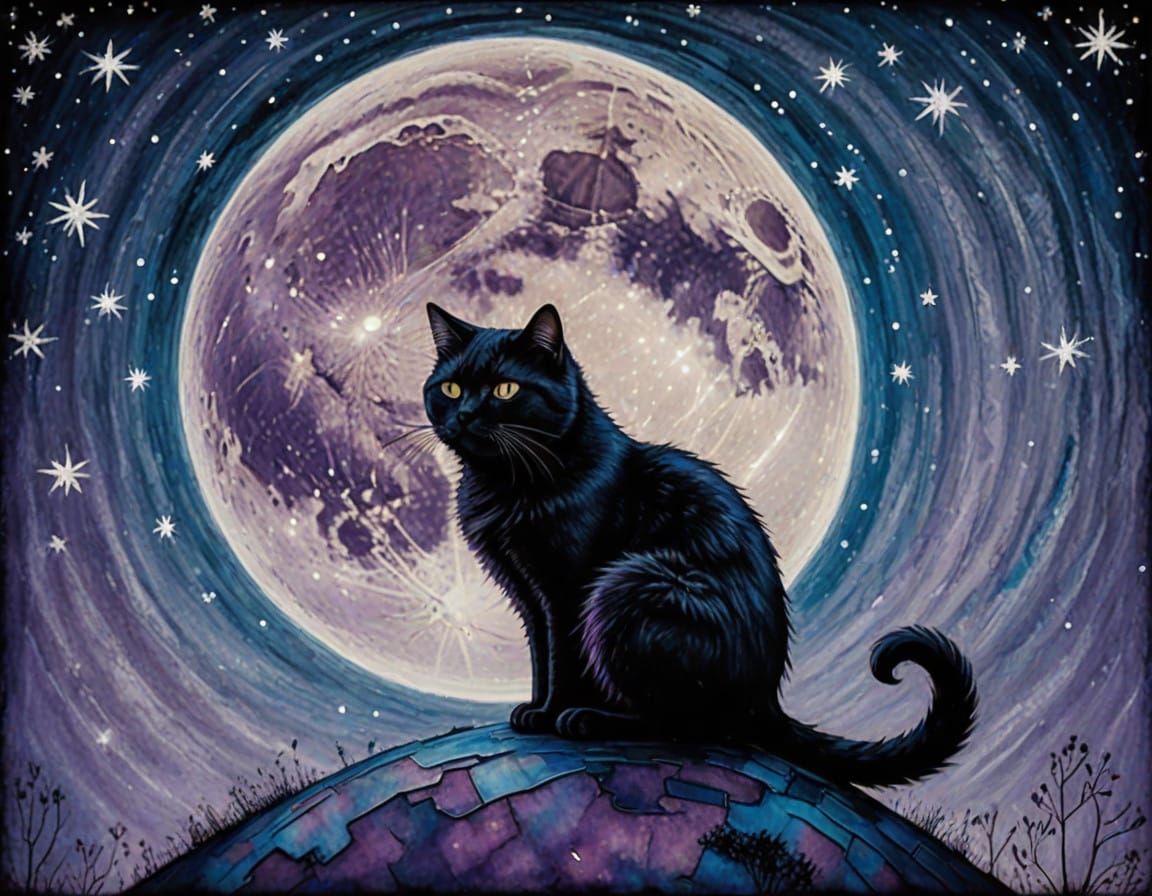 Whimsical Moonlit Scene with Sleeping Cat in Dreamy Night Sk...