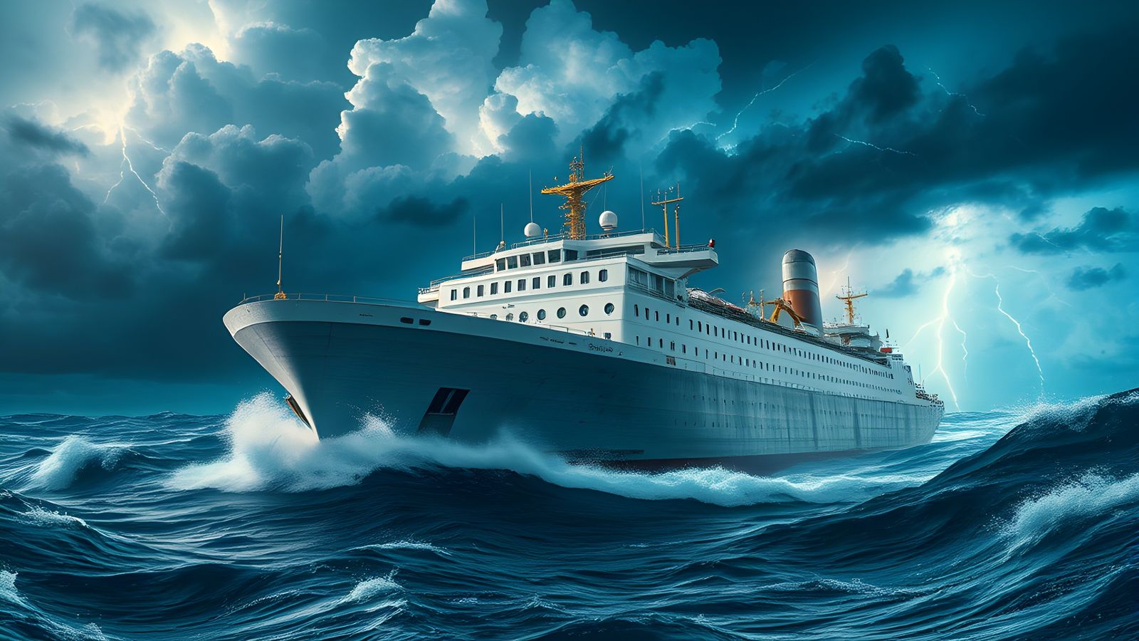 Giant Cargo Boat Sails in Ocean Thunderstorm