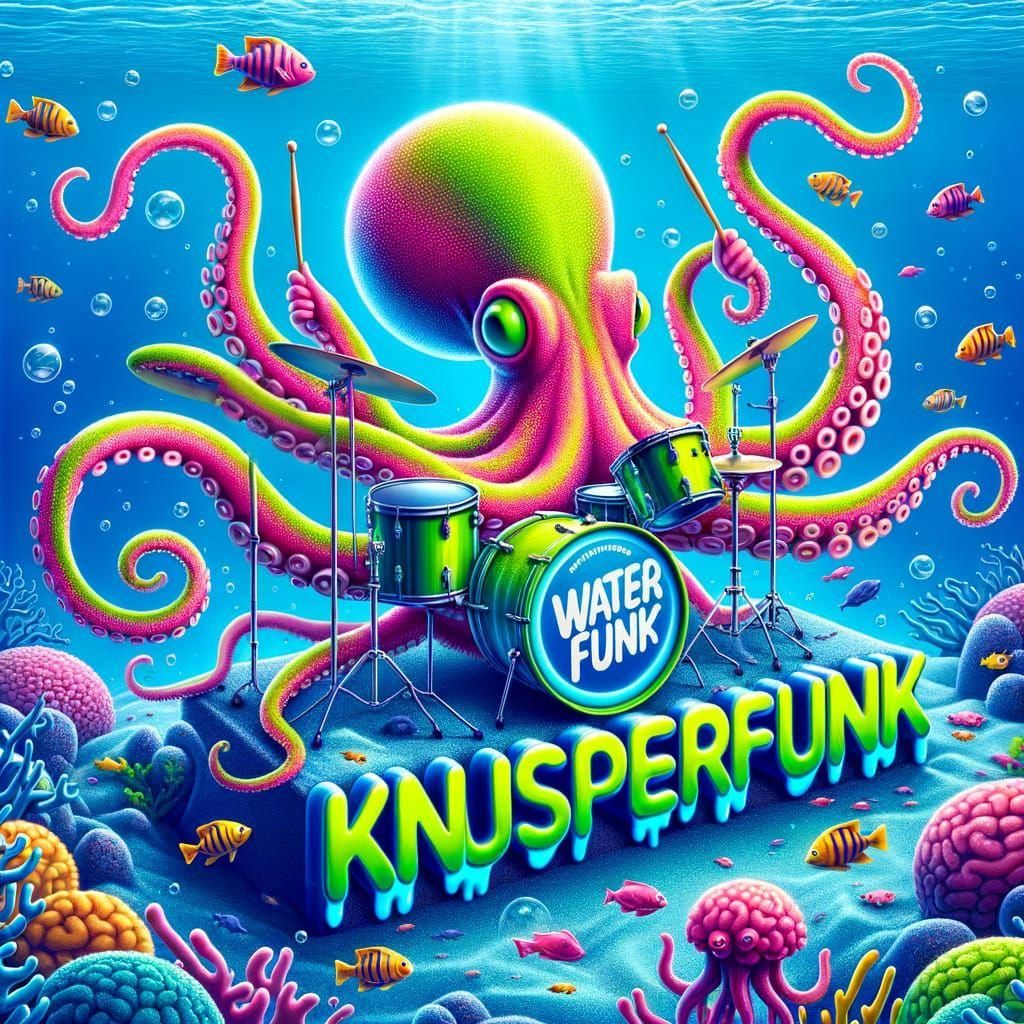 Neon Octopus Plays Drums Underwater
