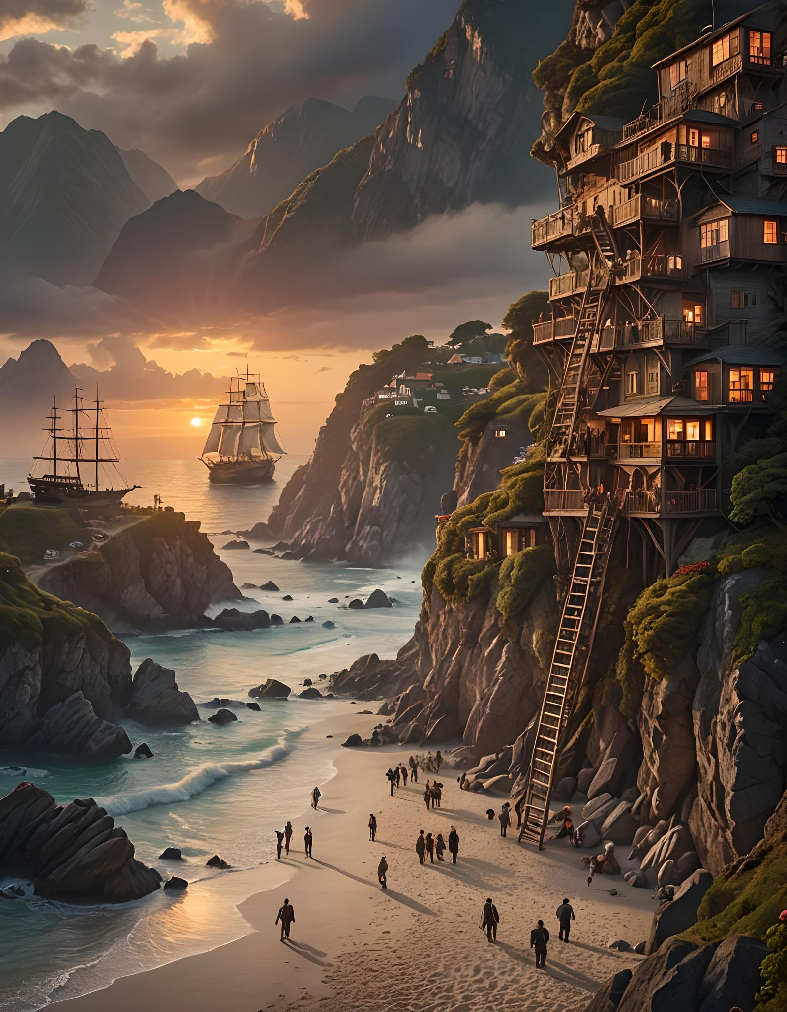 Cinematic Coastal Village at Sunset: Digital Matte Painting