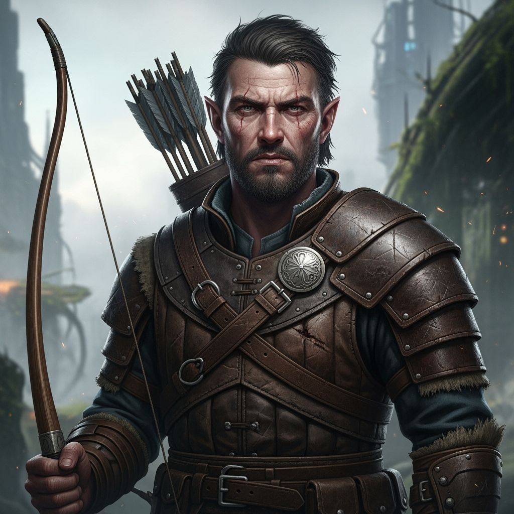 Half-Elf Ranger with Longbow in Gritty Realism Style