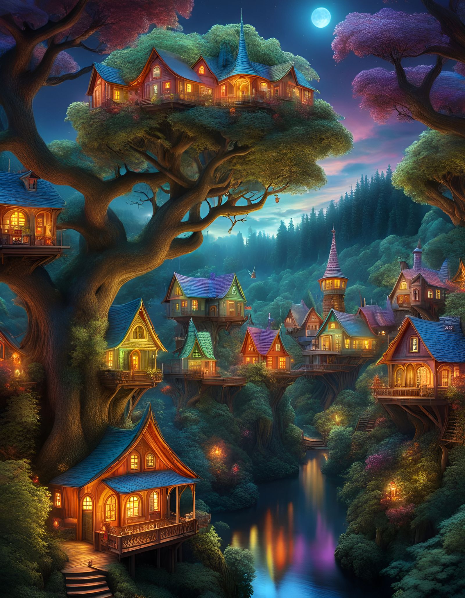 Enchanted Tree Village Hologram in Fantasy Style