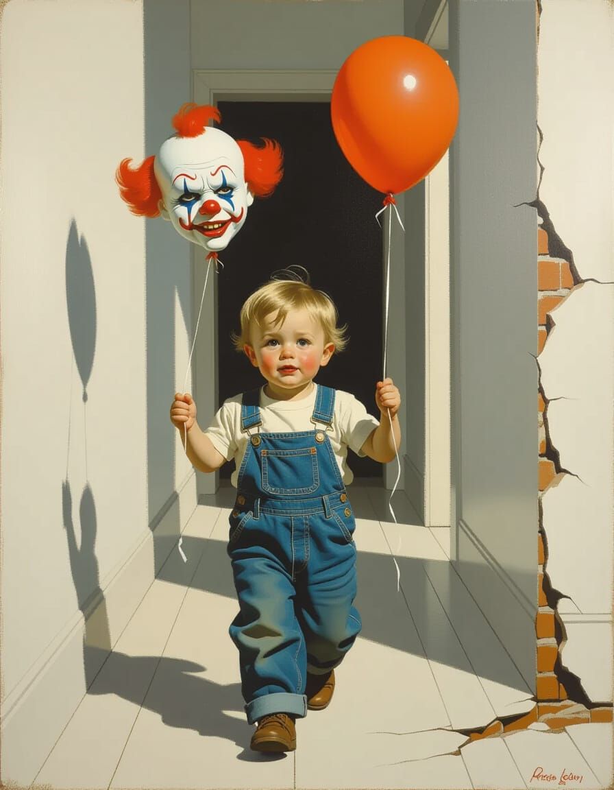 Creepy Clown Balloon in White Corridor Oil Painting