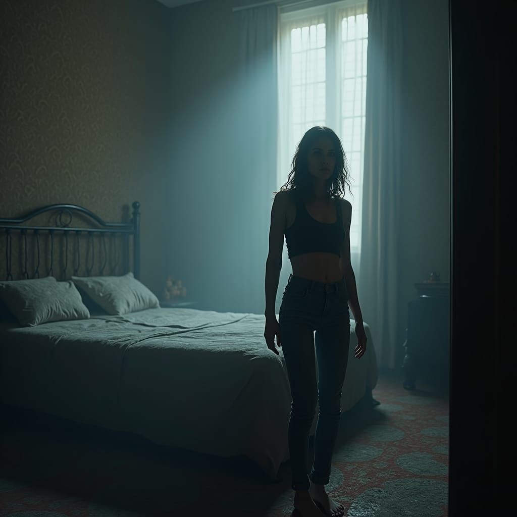 Eerie Hotel Room with Woman in Mist, Surreal Art