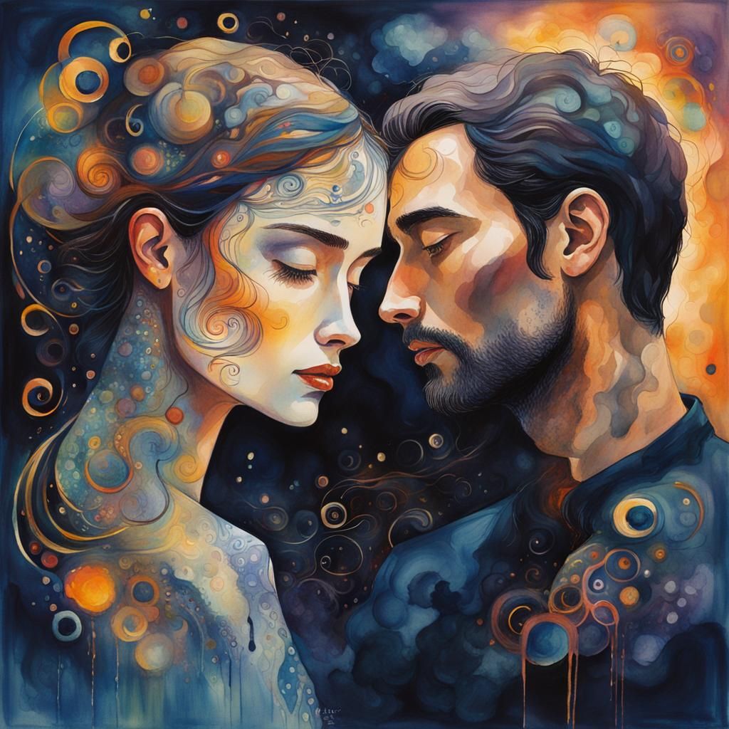 Surreal Face Blending Woman and Man in Watercolor