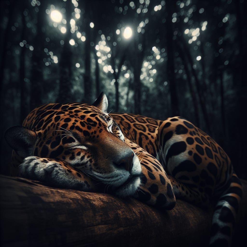 Jaguar Napping Peacefully in Dense Forest at Night