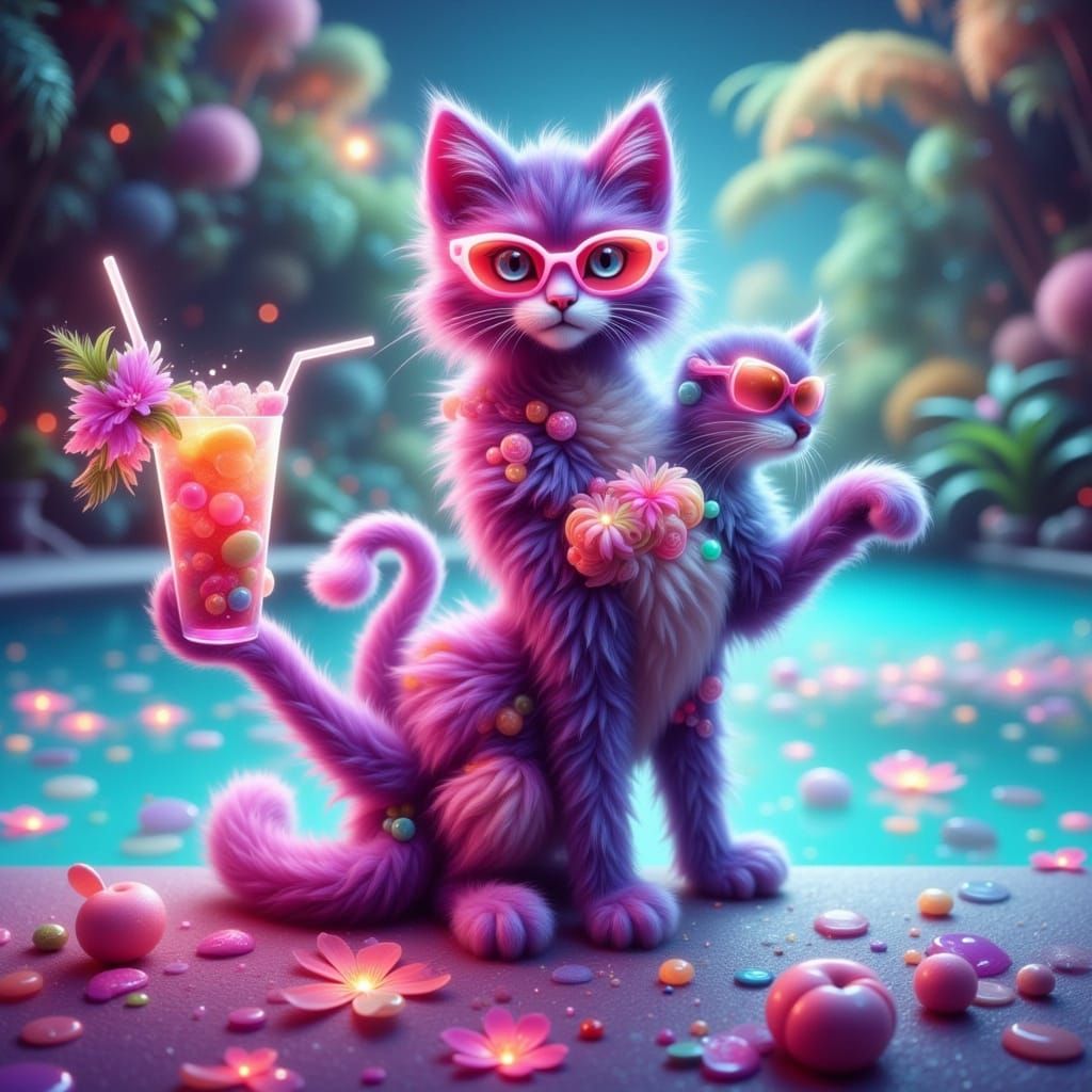 Neon Cartoon Cat Lounging by the Pool