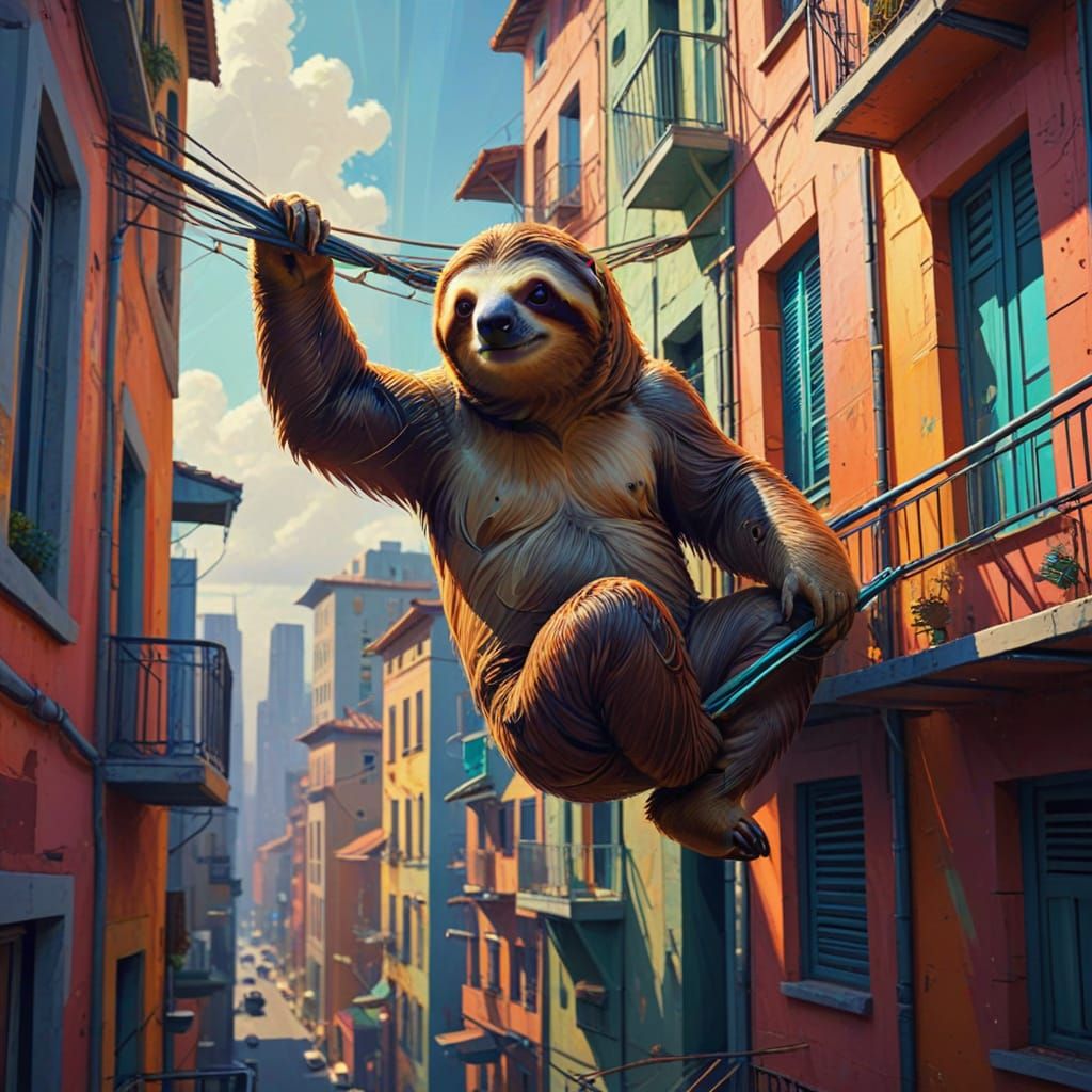 Cubist Sloth on City Clotheslines in Vibrant Geometric Style