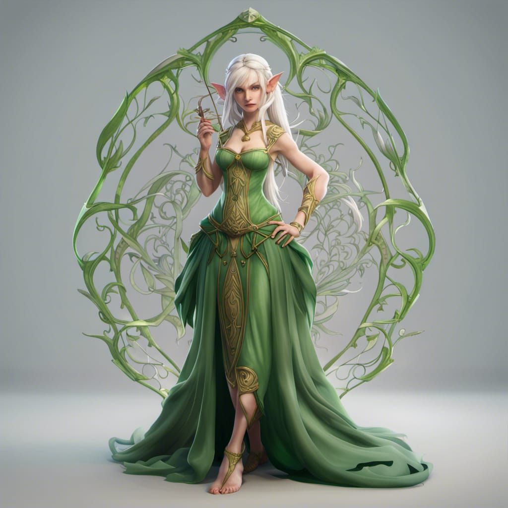 Art Nouveau Elf in Green Dress, Fantasycore Artwork