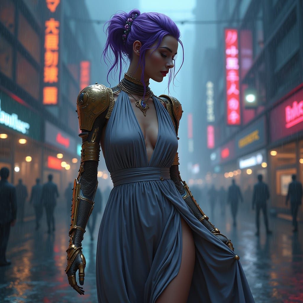 Cyberpunk Cyborg Goddess in Grey Silk and Violet Hues
