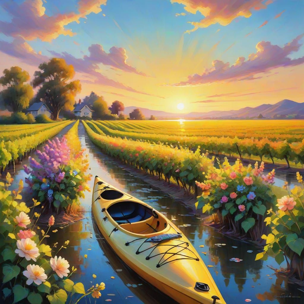 Vineyard Sunrise with Kayak in Vibrant Field