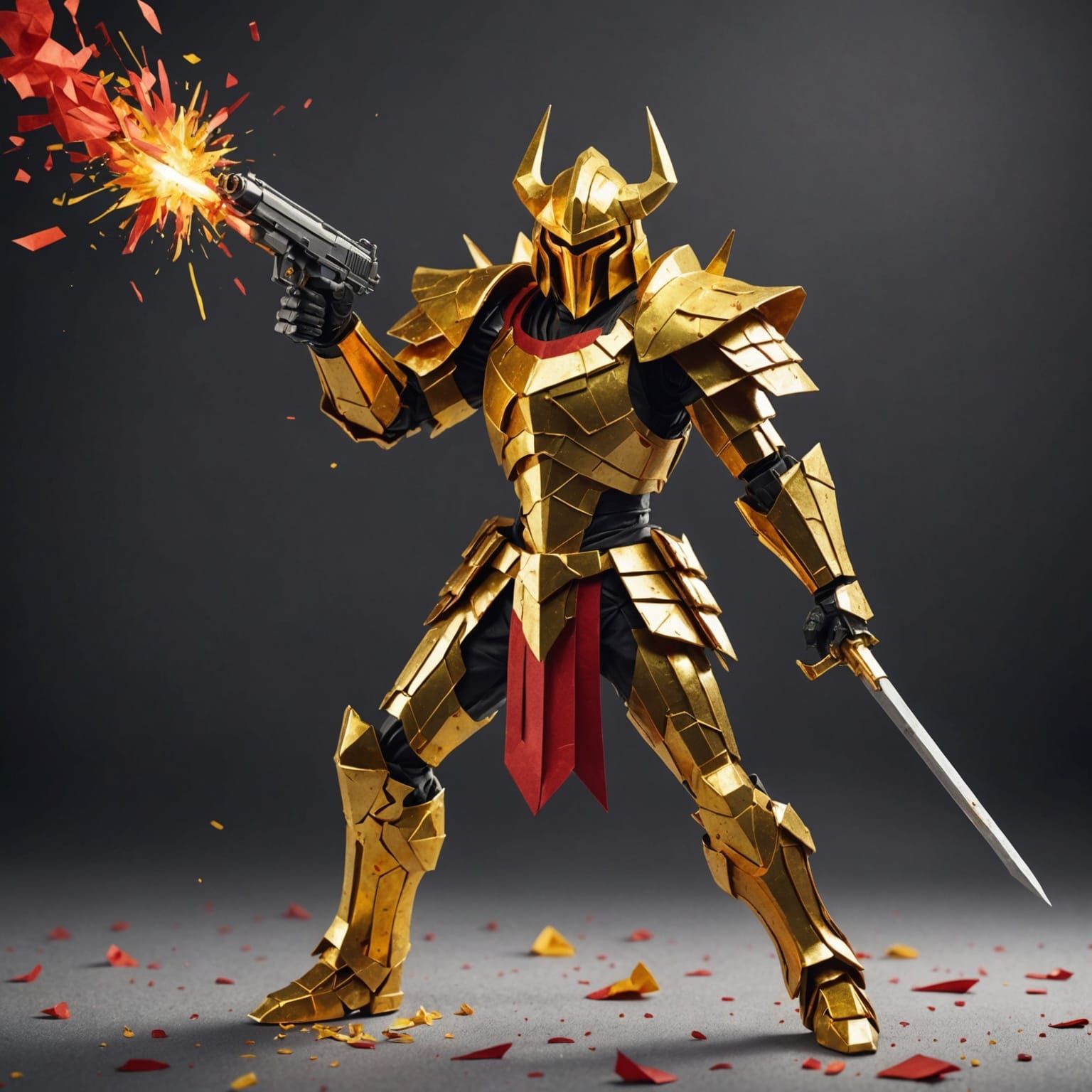 Golden Warrior in Battle: Origami Papercraft Style
