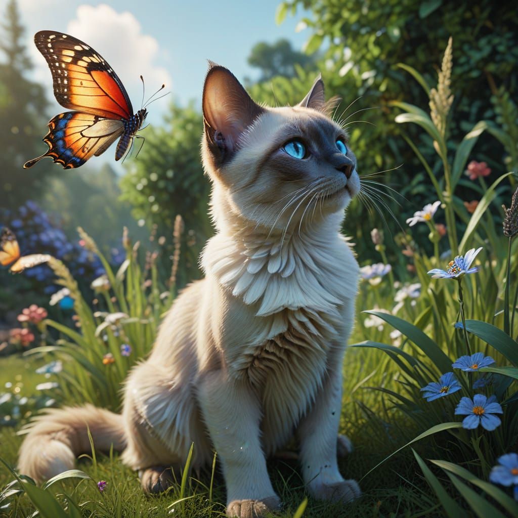 Whimsical Cat Butterfly Transformation in Enchanted Garden