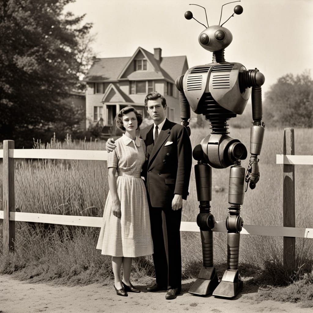 Vintage Gingham Family Portrait with Folkloric Robots and Ge...