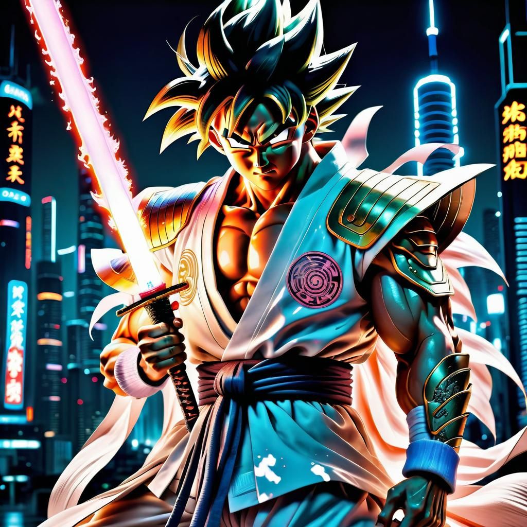 Goku as Bleach Captain in Futuristic Cityscape