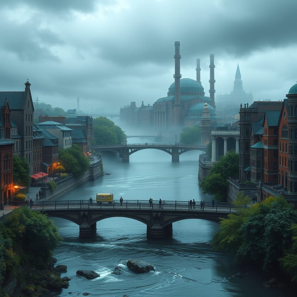 Majestic Dublin River with Guinness Brewery in Fantasy Archi...