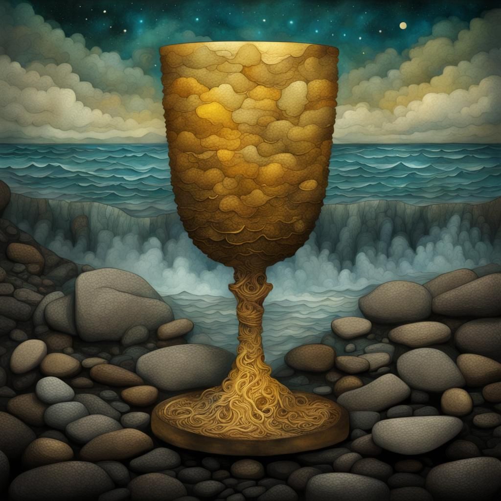 Golden Chalice on Rocky Shore: Mixed Media Art