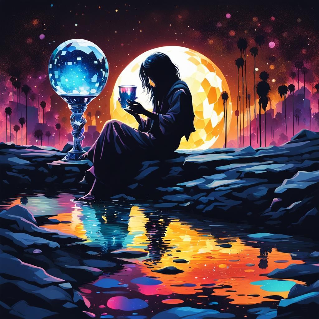 Moonlit Silhouette: Woman with Crystal Cup in Graffiti Art