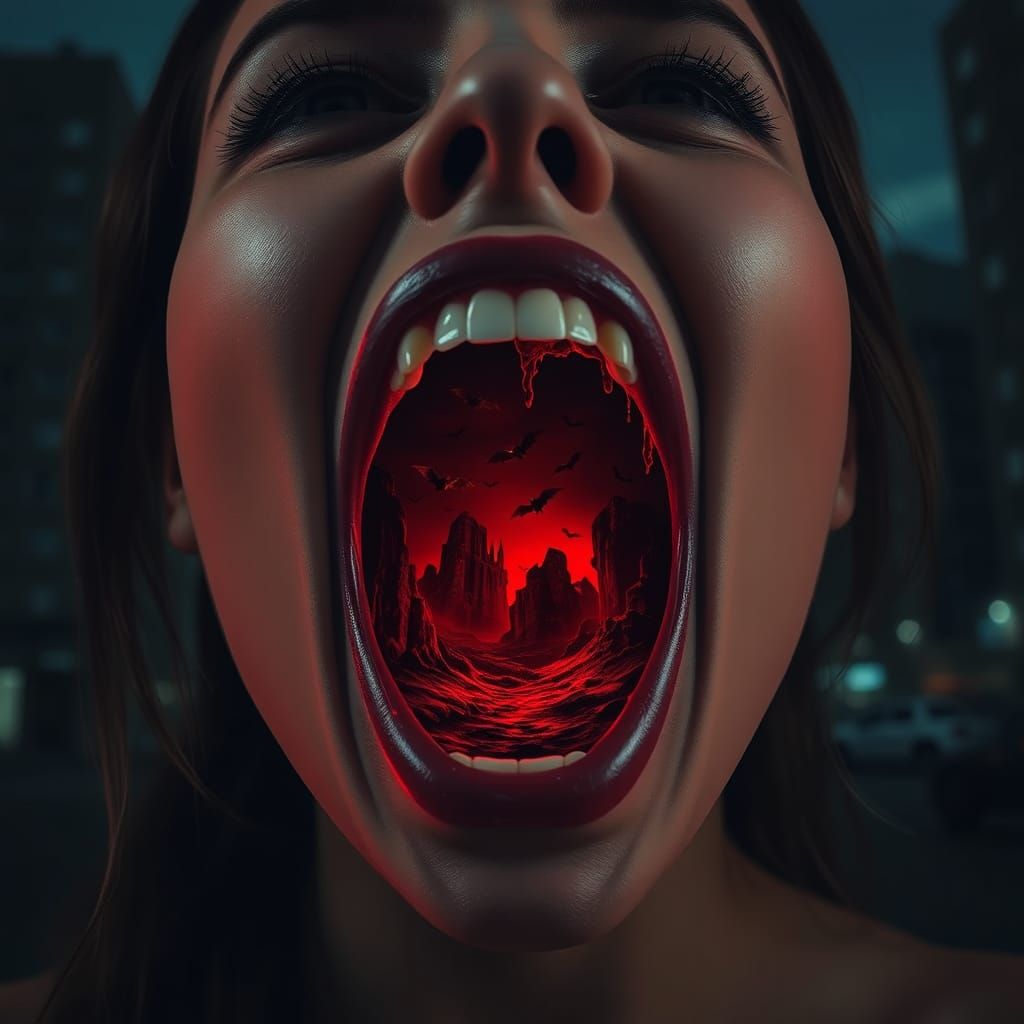 Hellish Landscape Revealed in Woman's Mouth