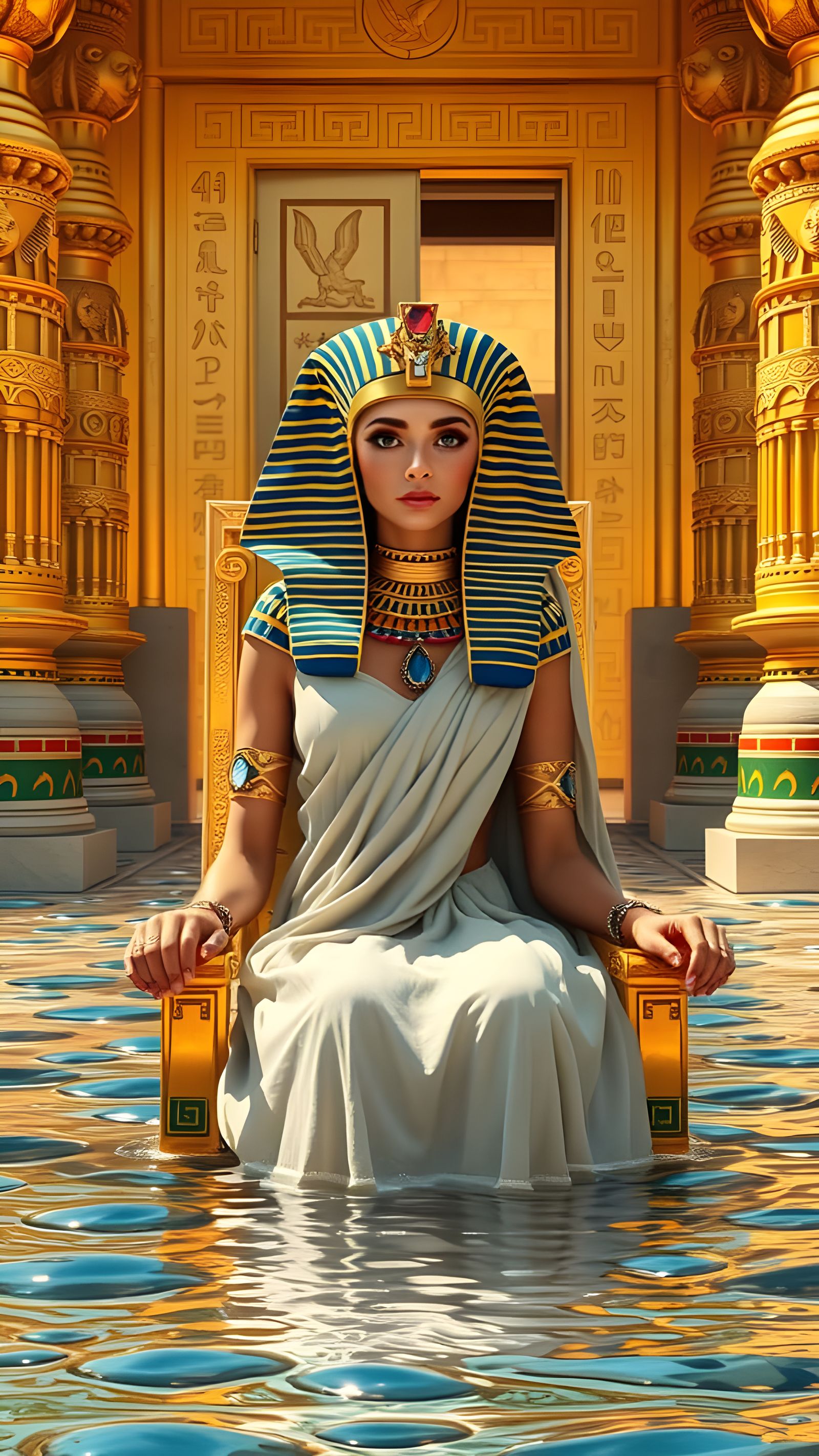 Ancient Egyptian Queen Seated on Golden Throne in Majestic R...
