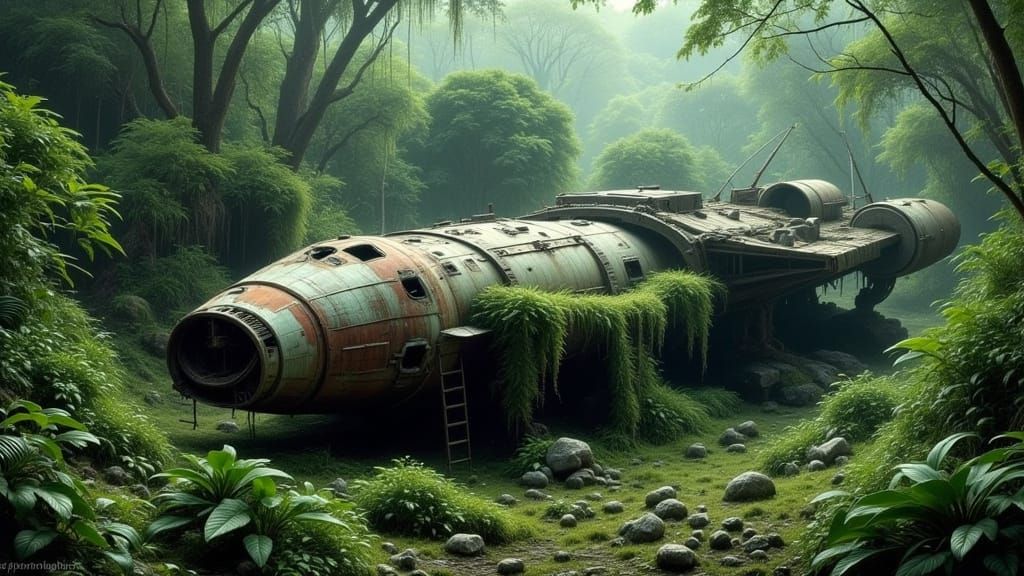 Abandoned Spaceship Ruins in Hyperreal Jungle