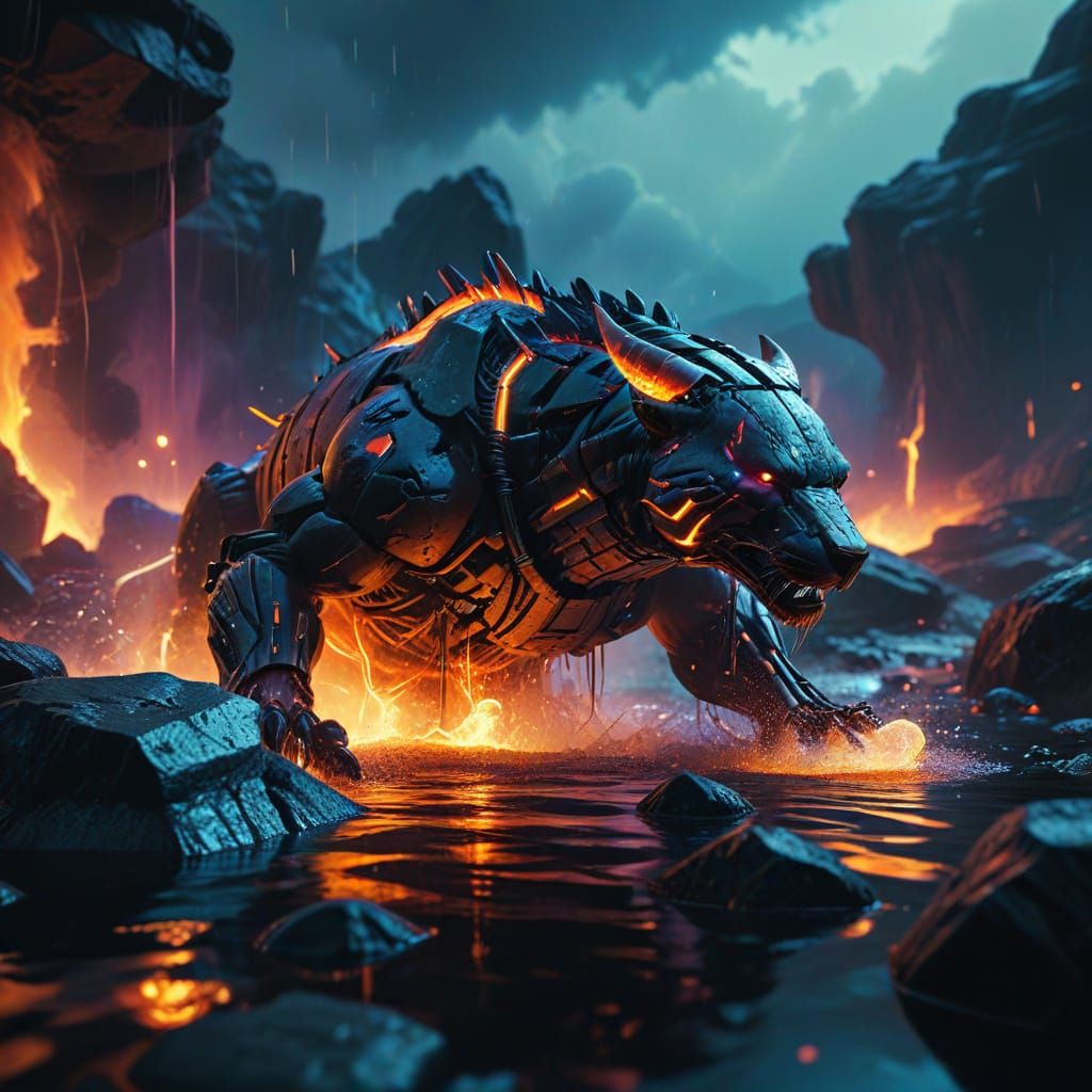 Cyberpunk Glacier Calving into Fiery Lake