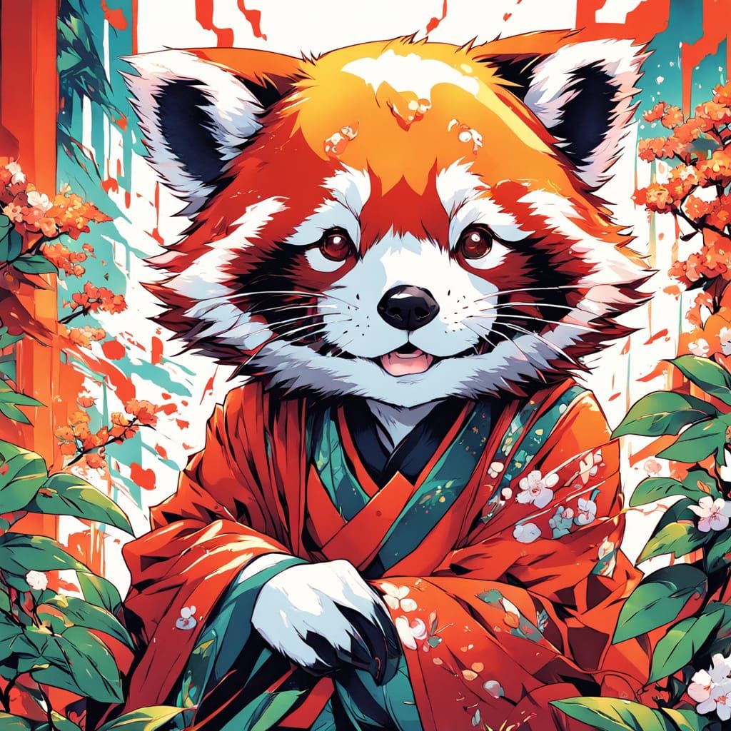 Vibrant Red Panda Surrounded by Lush Greenery in Anime Style