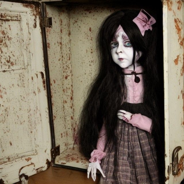 Creepy Gothic Doll in Haunted Cabinet