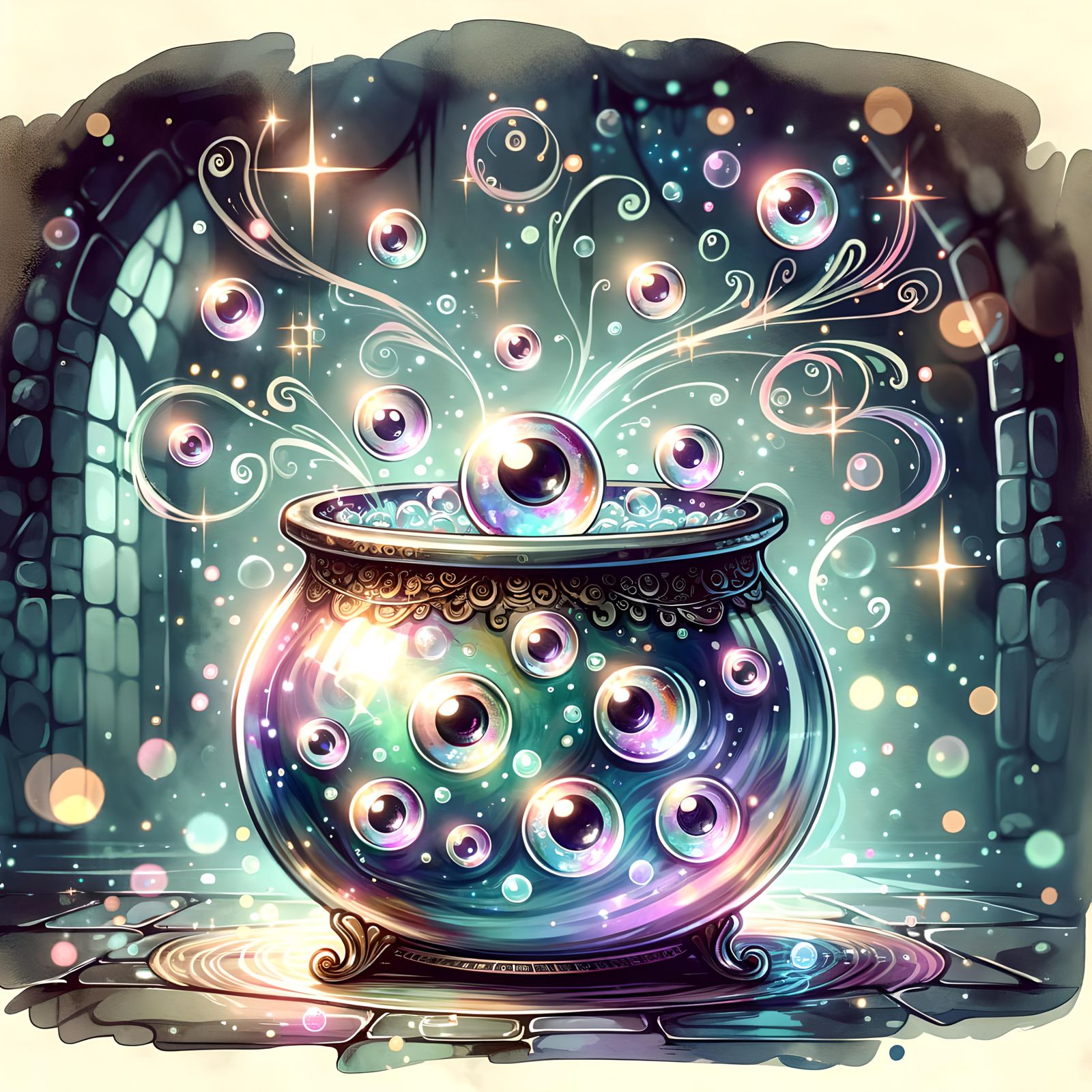 Iridescent Witch's Cauldron in Watercolor Style