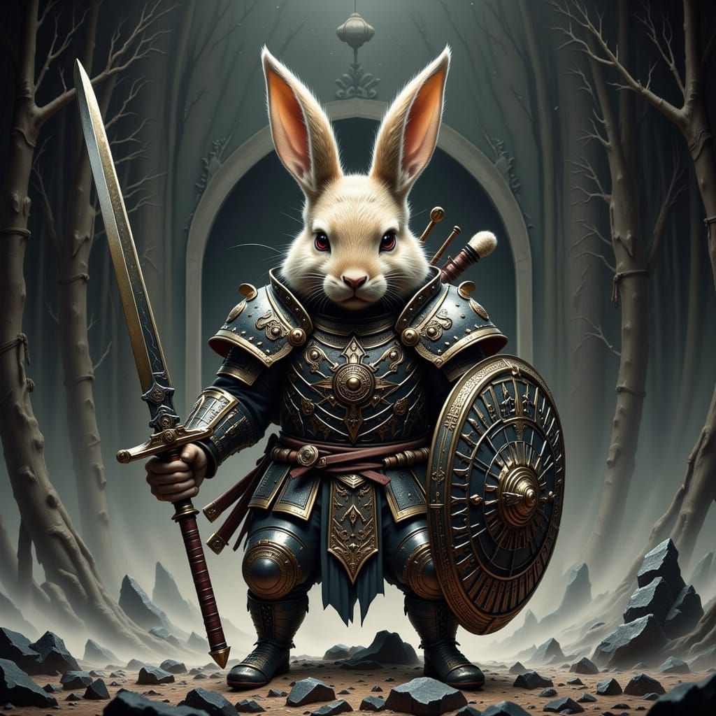 Rabbit Warrior Guarding Mystical Portal in Gothic Armor