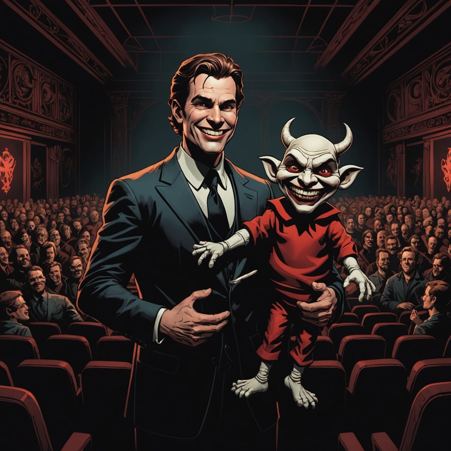 Devilish Man with Human Puppet, Comic Book Art