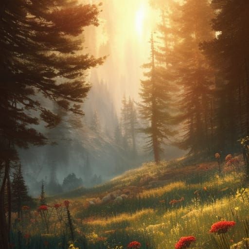 Mountain Meadow and Forest in Summer Sunlight