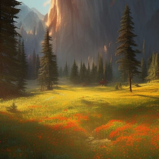 Flower Meadow and Pine Forest in Dark Fantasy Style