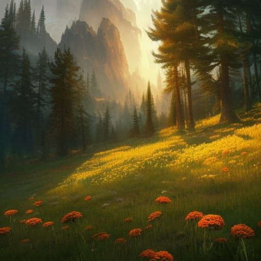 Lush Mountain Meadow Under Summer Sunlight