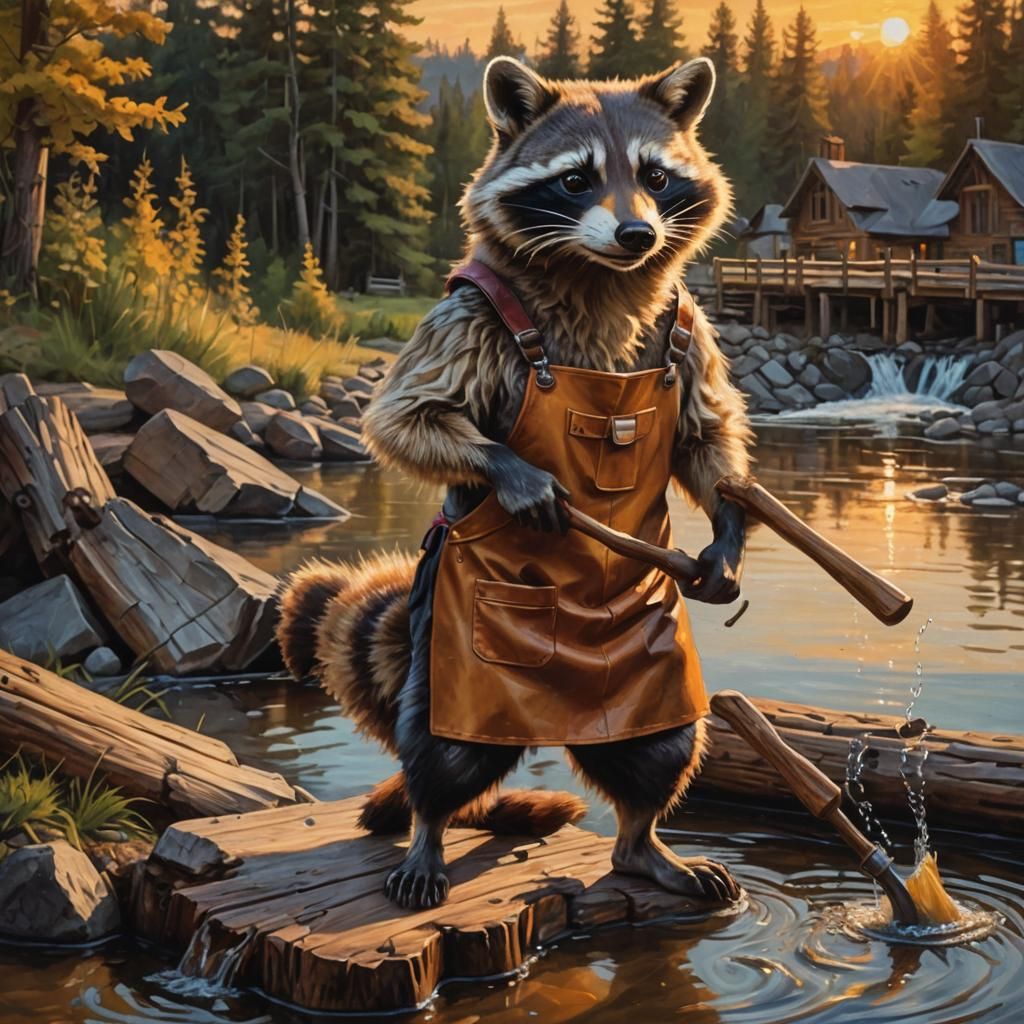 Raccoon-Wolf-Beaver Hybrid Beside Dam, Oil Painting