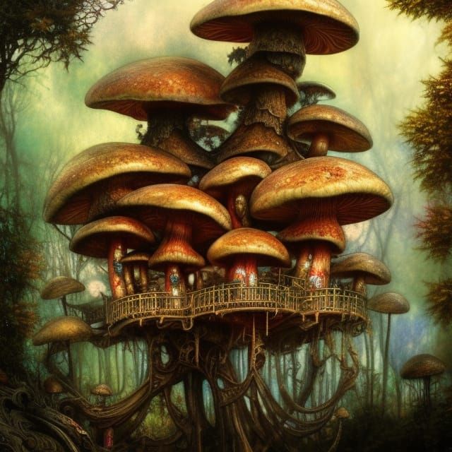 Intricate Mushroom Treehouse with Fractal Iridescence