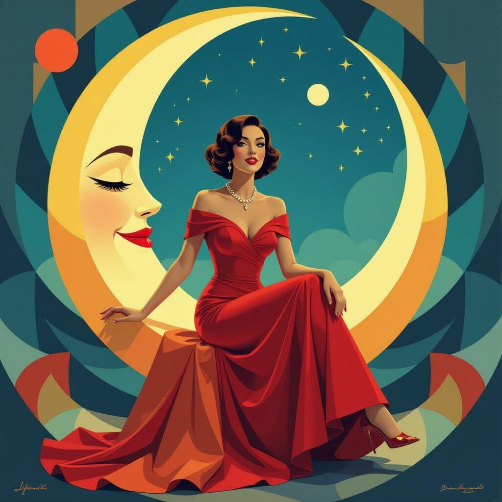 Woman in Moon, Geometric Oil Painting