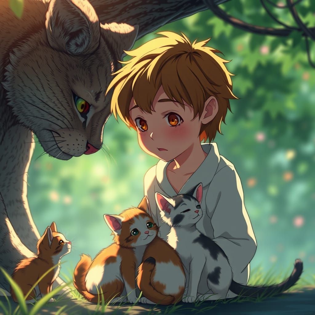 Mystical Fae Boy Adores Mother Cat and Kittens in Whimsical ...