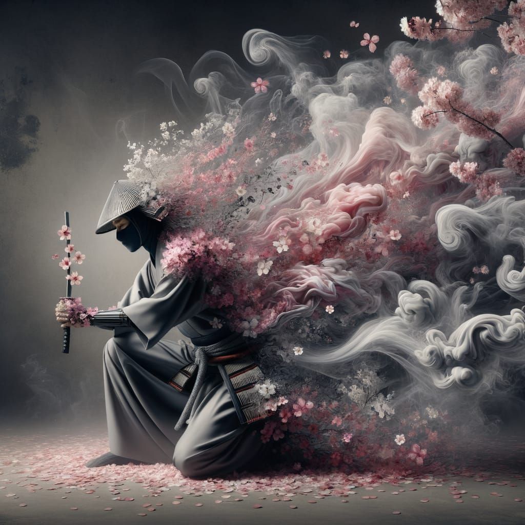 Ninja Samurai Dissolving into Cherry Blossoms and Smoke