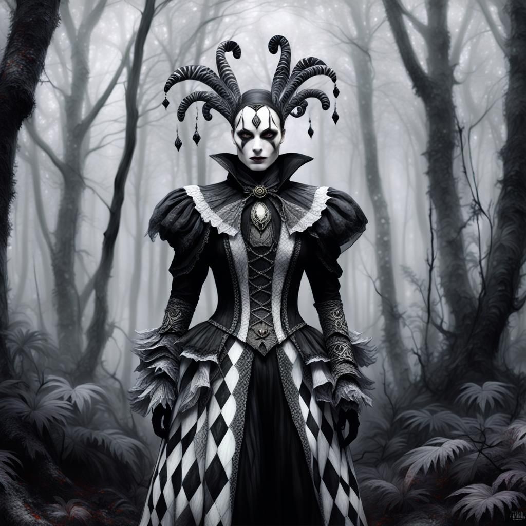Mystical Harlequin in Misty Forest, Digital Art