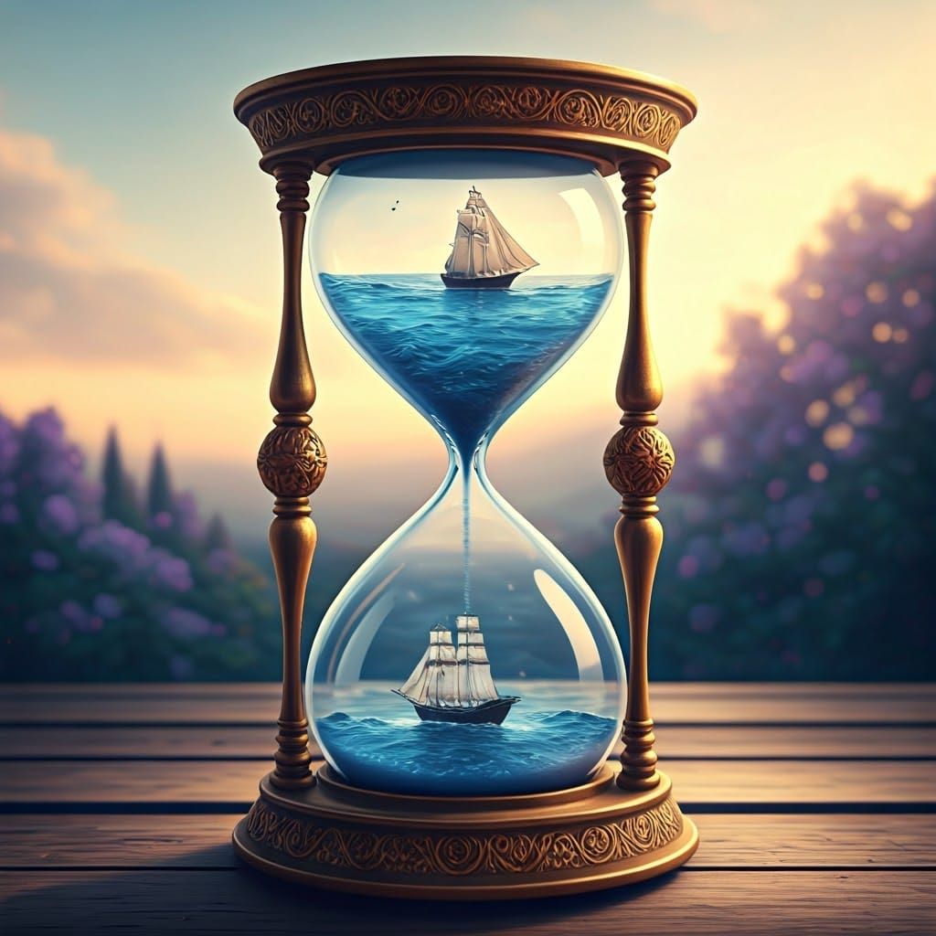 Hourglass Ship in Dreamy Pastoral Landscape