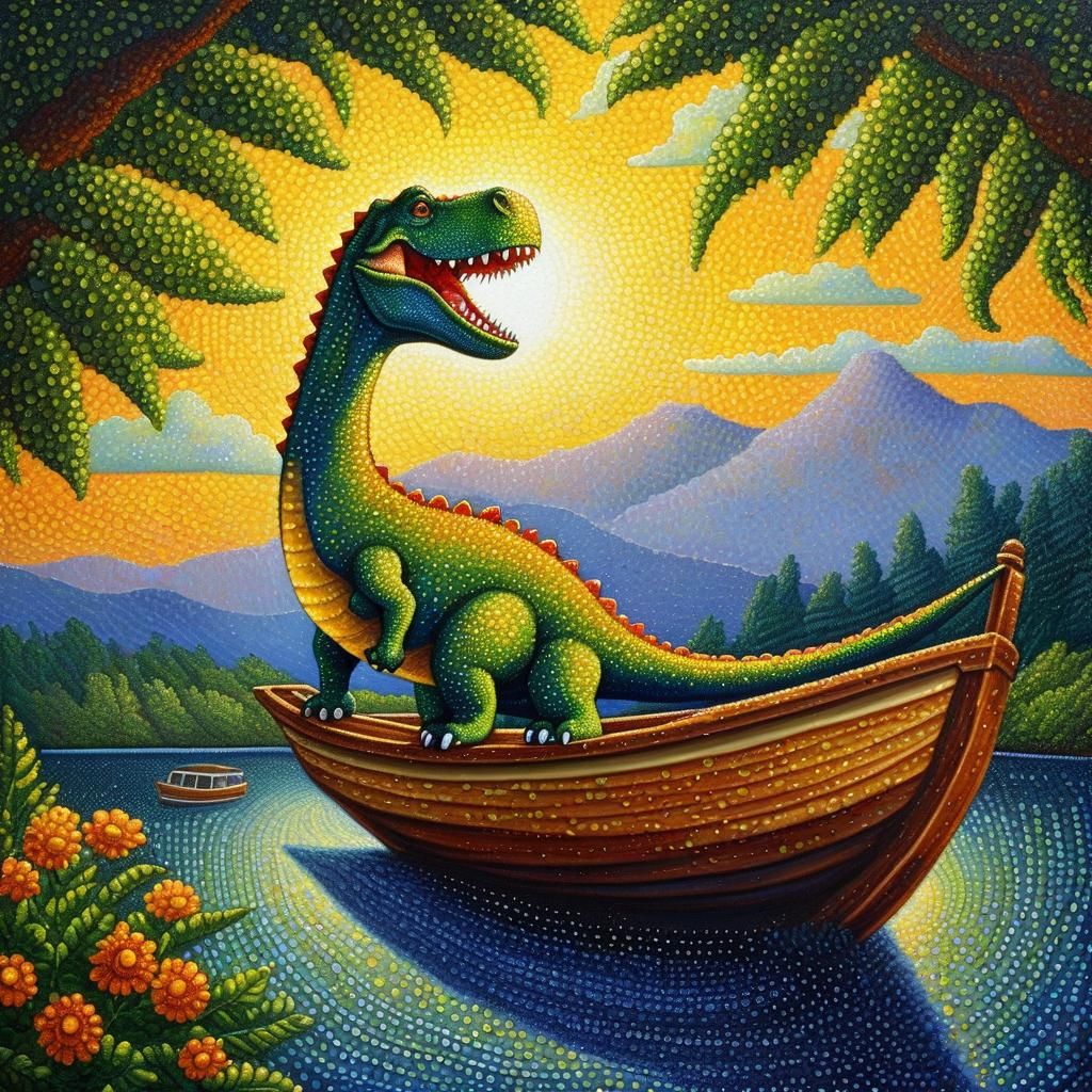Pointillist Dinosaur on a Boat in Summer