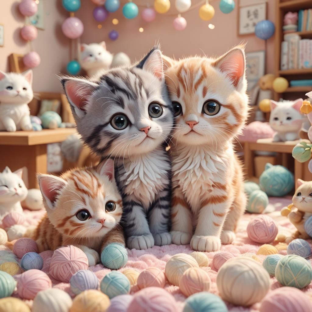 Kawaii Kittens Play in Pastel Room: 3D Anime Art