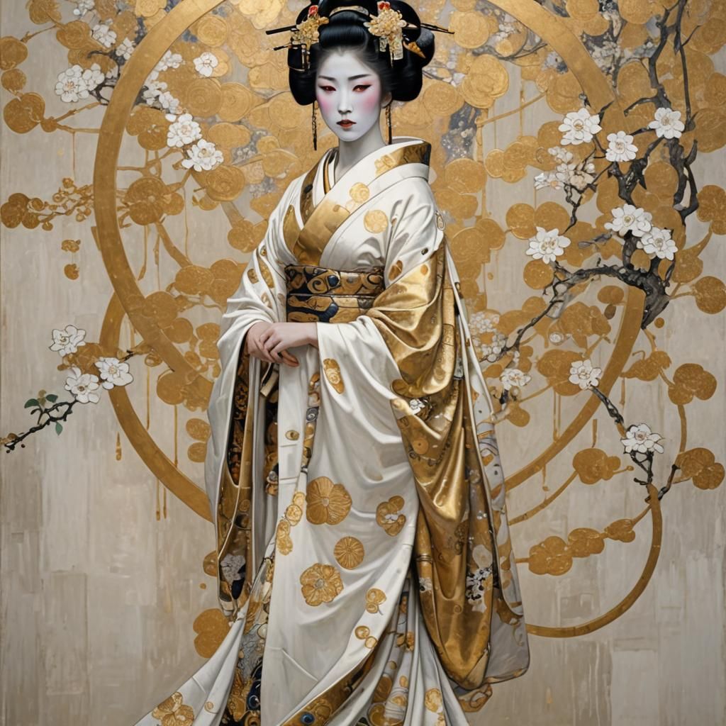 Geisha in Gold and White, Art Nouveau Style